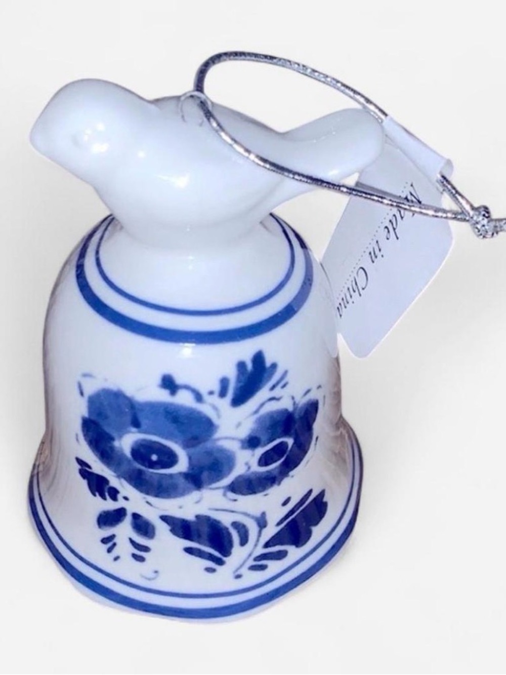Blue and White Porcelain Bird Bell Ornament - Hand-Painted Home Art